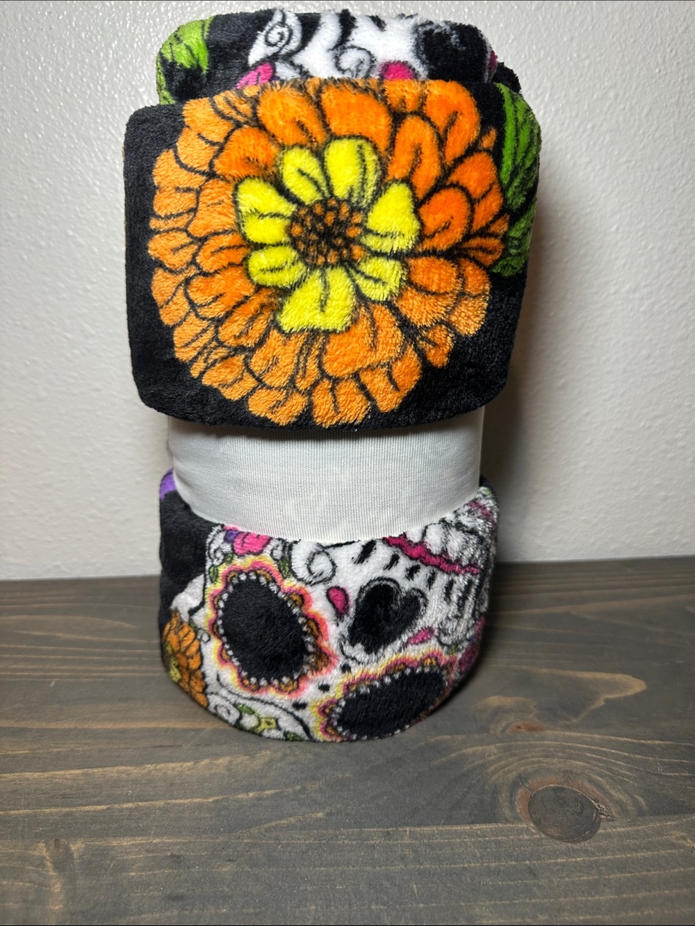 Plush Floral & Sugar Skull Throw Blanket - Black, Orange, Yellow